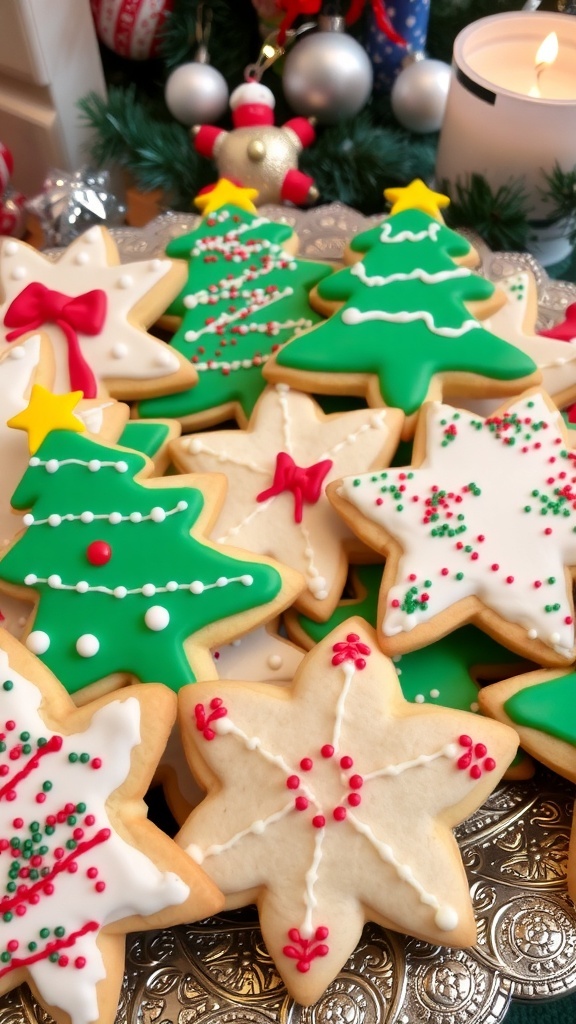 Christmas Cookie Decorating Guide A variety of decorated Christmas cookies in festive shapes on a platter.